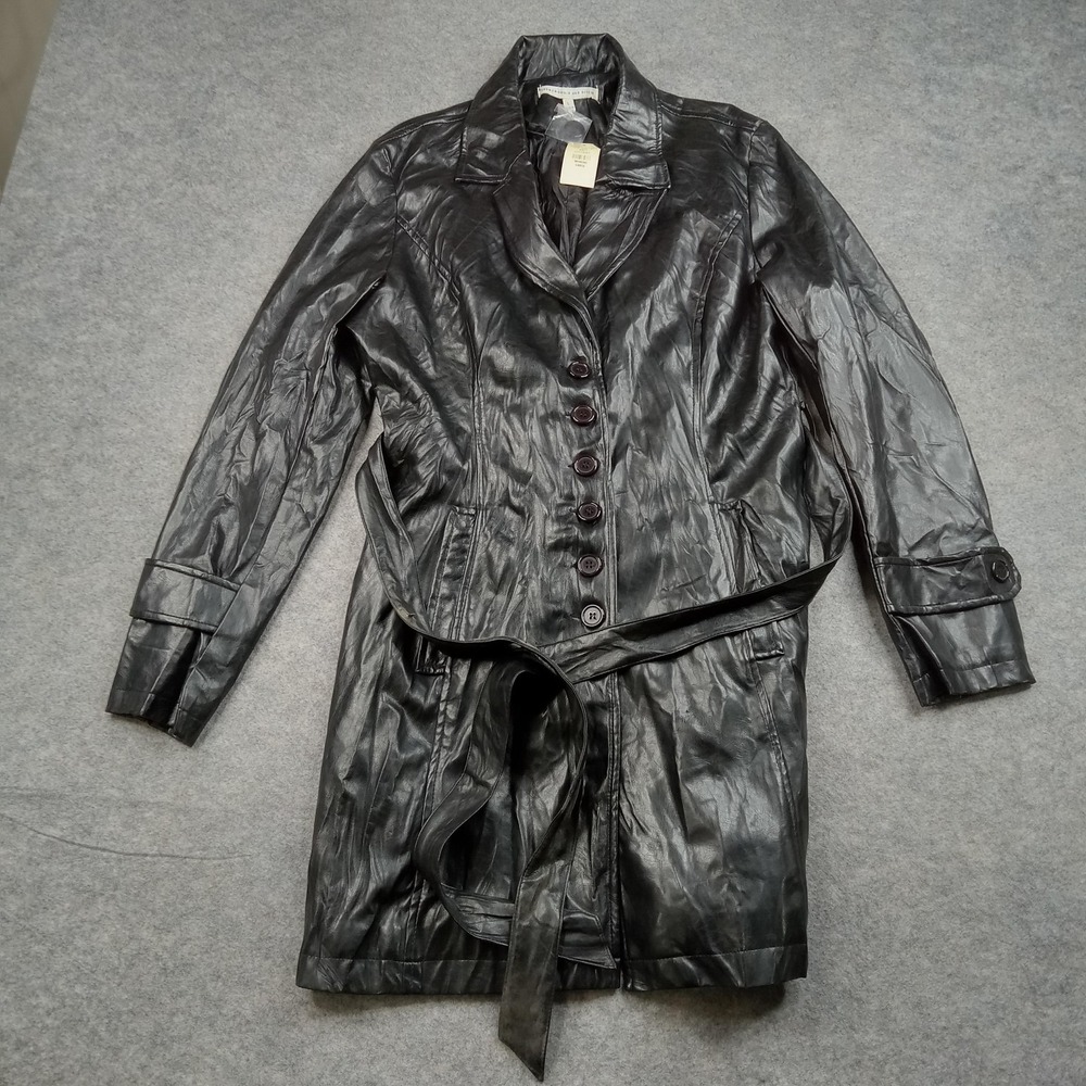 Abercrombie Fitch Jacket Womens Large Black Faux Leather‎ Belted Trench Coat